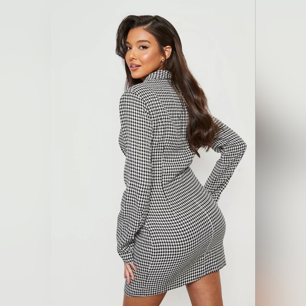 PrettyLittleThing Black Monochrome Houndstooth Dress Blazer Size M/L - Picture 5 of 5